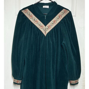 Vtg Vanity Fair Green Velour Tapestry Robe Housecoat XL Pockets Zip Grannycore